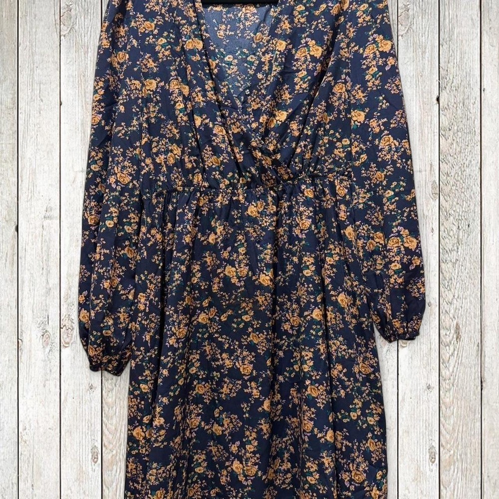 Fall Womens Wrap Dress Navy Blue Floral V-Neck Long Sleeve Large